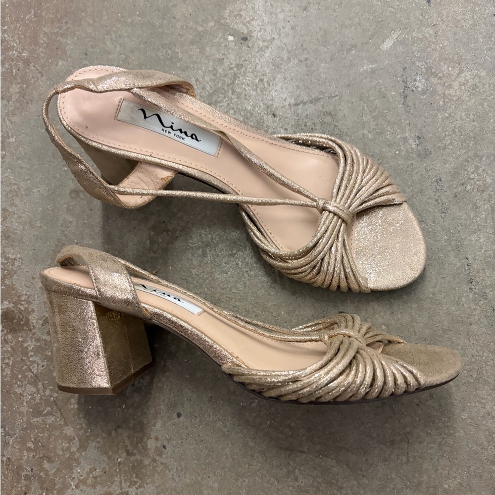 Nina New York festive holiday Women's sparkly mettle block Heeled Sandals